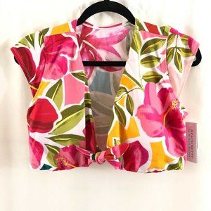 Beach Betty Miracle Brands Bikini Top Cap Sleeve Tie Front Cups Floral Pink 1X
